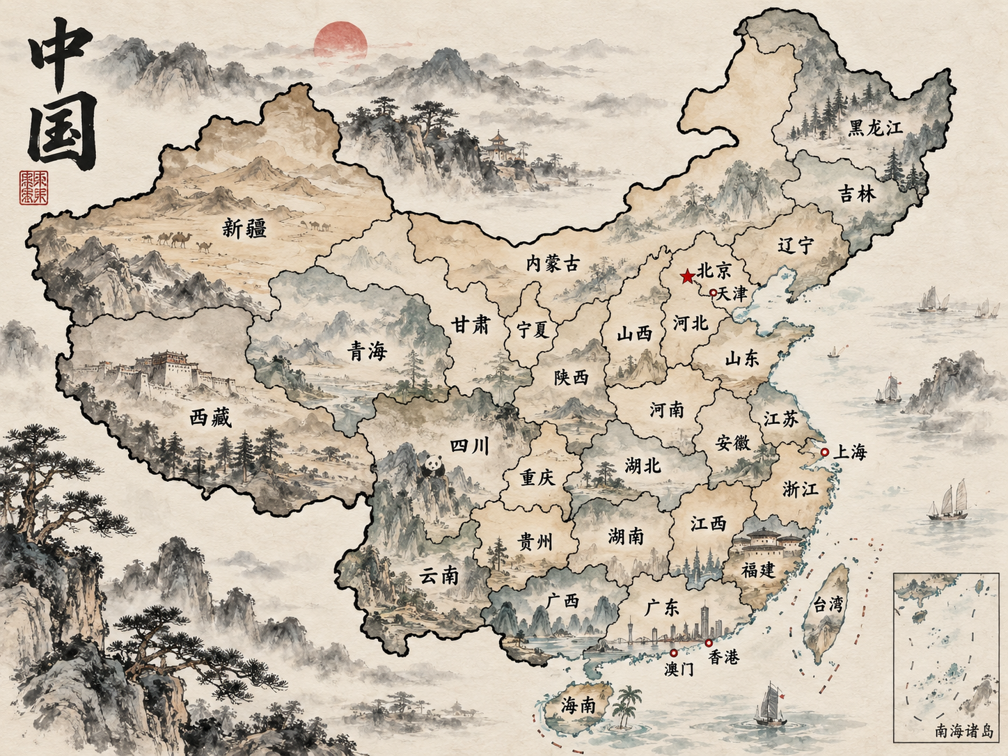 用户提供的中国水墨省份地图，标示方言朗读采样点
